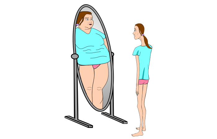 鏡に映る太った自分を眺める細身の女性の絵